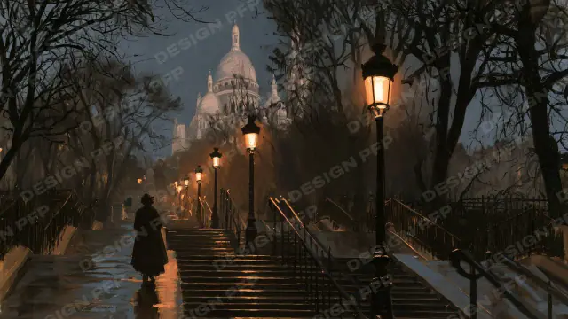 Nuit Parisienne: Sacre-Coeur from the steps (desktop wallpaper)